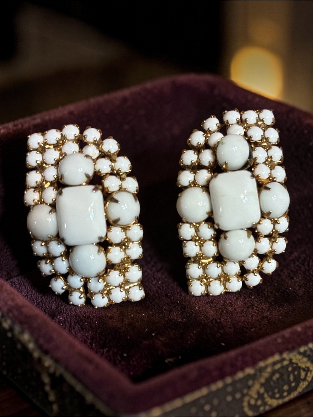 Hattie Carnegie White Milk Glass Beaded Statement Clip-On Earrings